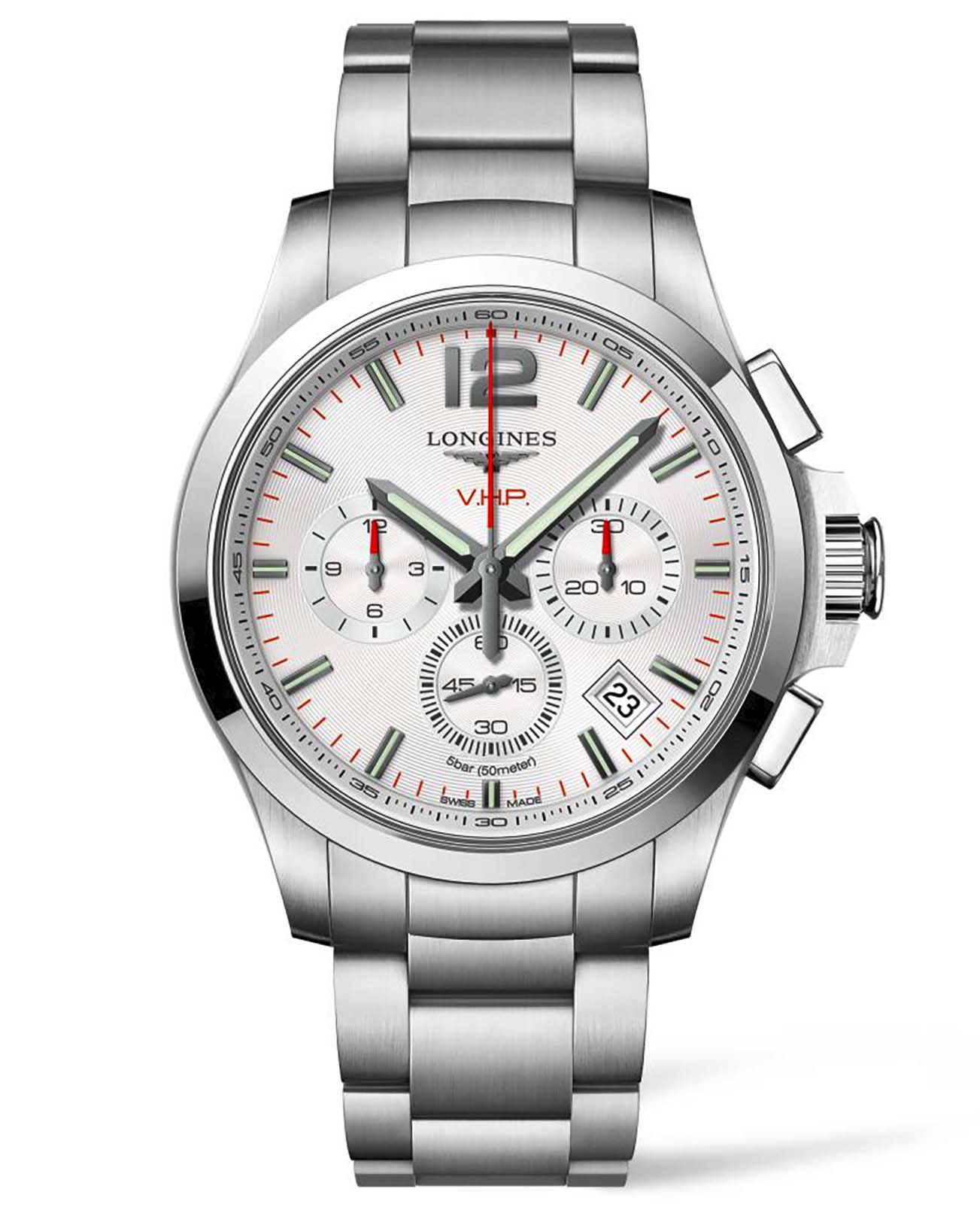 Longines Longines Conquest V.H.P.  L3.717.4.76.6  L37174766 кварцевые мужские часы серебристый циферблат, браслет нержавеющая сталь — вид спереди